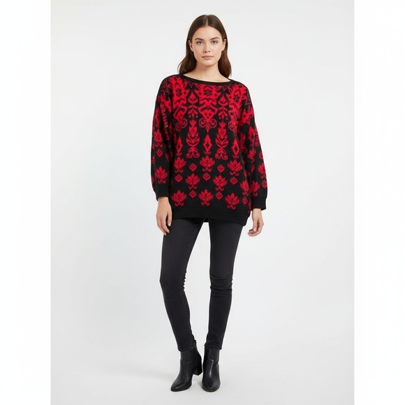 Sweaters - Vintage‎ ESPRIT Sport Black Red 80s Geometric Knit Sweater Medium